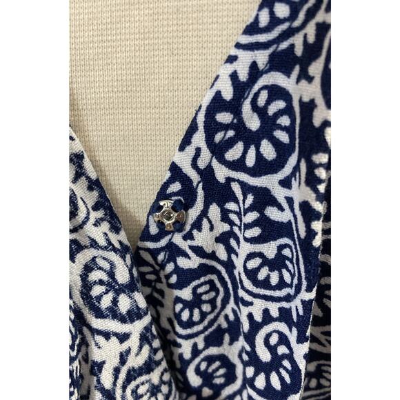 Talbots Faux Wrap Top Sz L NWT Blue White 3/4 Sleeve Tie Waist Coastal Peasant - Picture 6 of 12